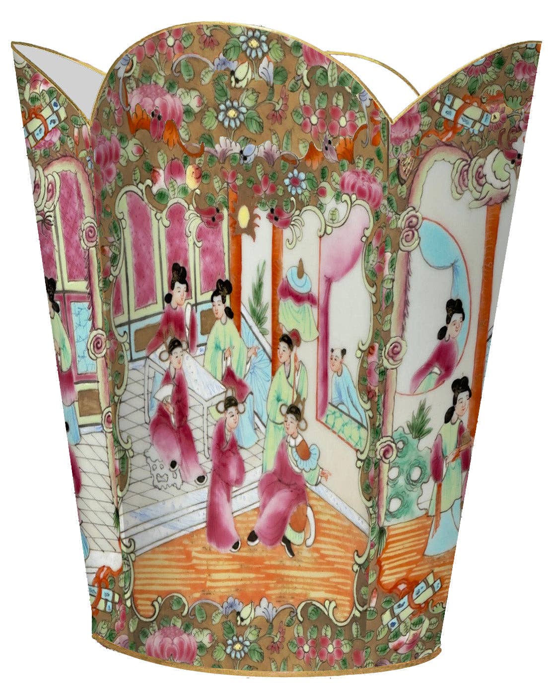 WB6825-Rose Medallion People Wastebasket: Wood Scalloped Top