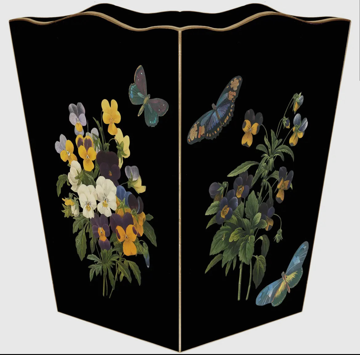 Marye-Kelley Black Pansies & Primroses Wastepaper Basket