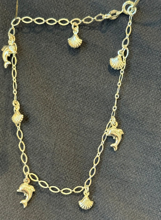 Sterling Silver Dolphin And Shell Bell Anklet