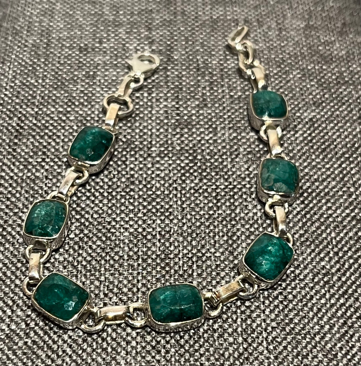 Sterling Silver Tennis Bracelet With Natural Emerald Adjustable