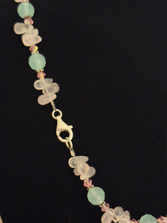 Sterling Silver Chalcedony, Rose Quartz, Swarovski Crystal 16" Necklace