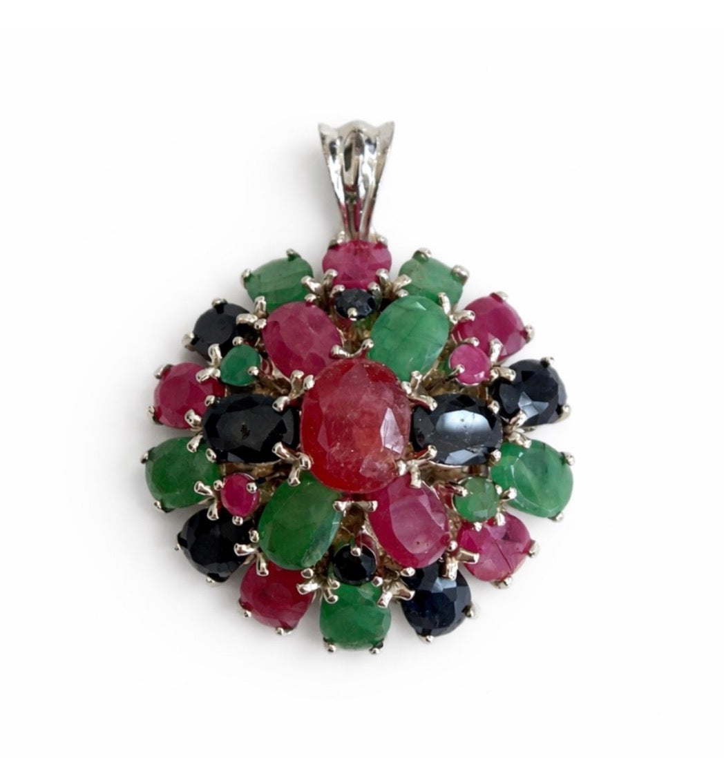 Sterling Silver Ruby Emerald Sapphire Pendant And Torque Chain (Italy)