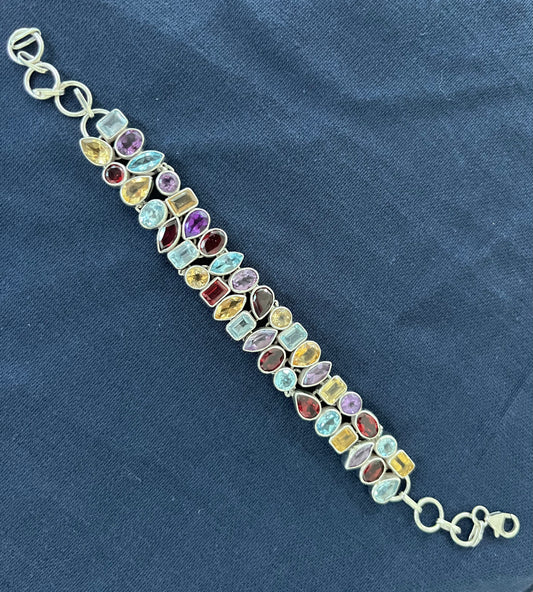 Sterling Silver Bracelet With Blue Topaz, Garnet, Citrine, Amethyst New