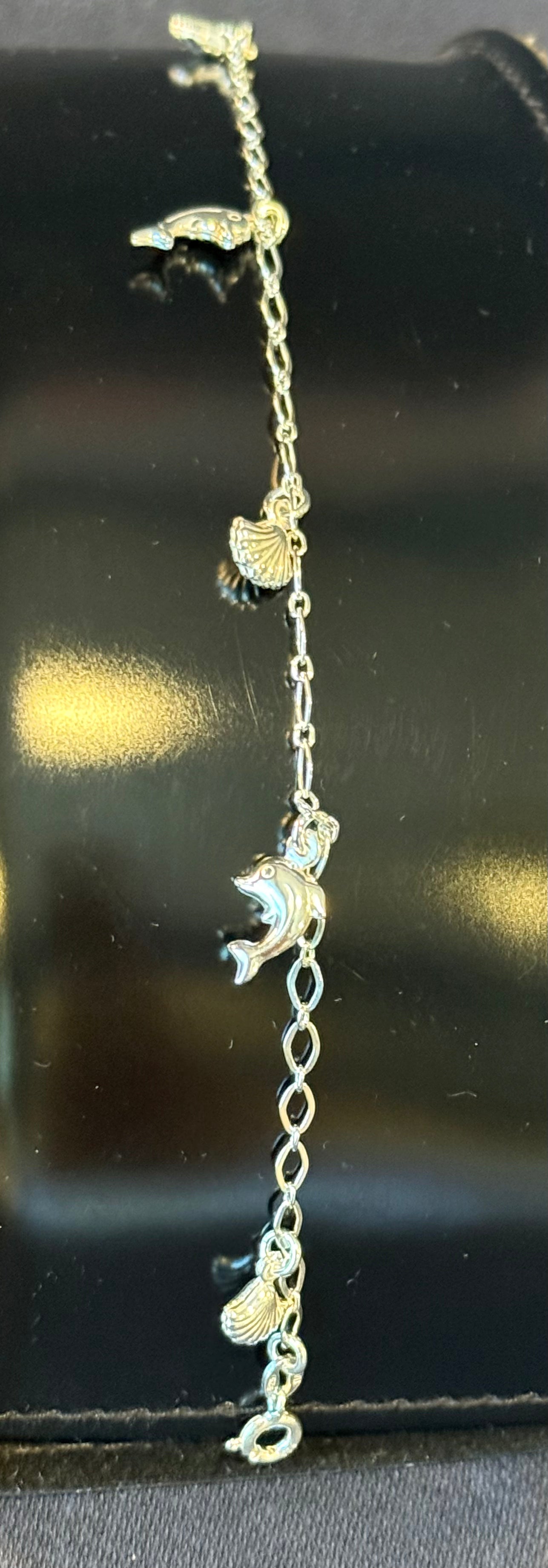 Sterling Silver Dolphin And Shell Bell Anklet
