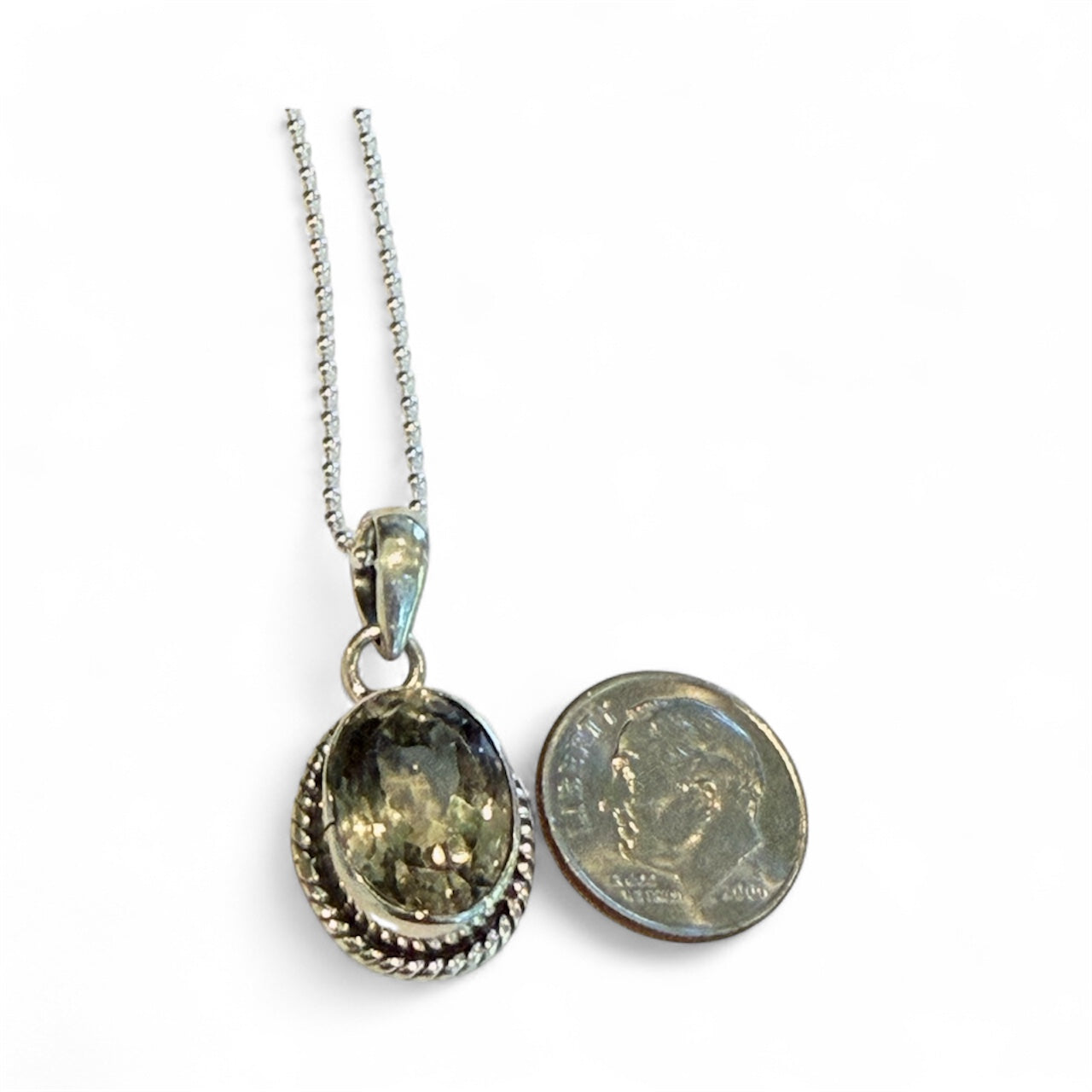 Sterling Silver Green Amethyst Pendant with 18" Ball Chain (Italy)