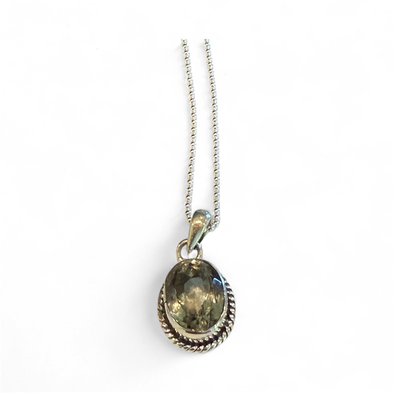 Sterling Silver Green Amethyst Pendant with 18" Ball Chain (Italy)