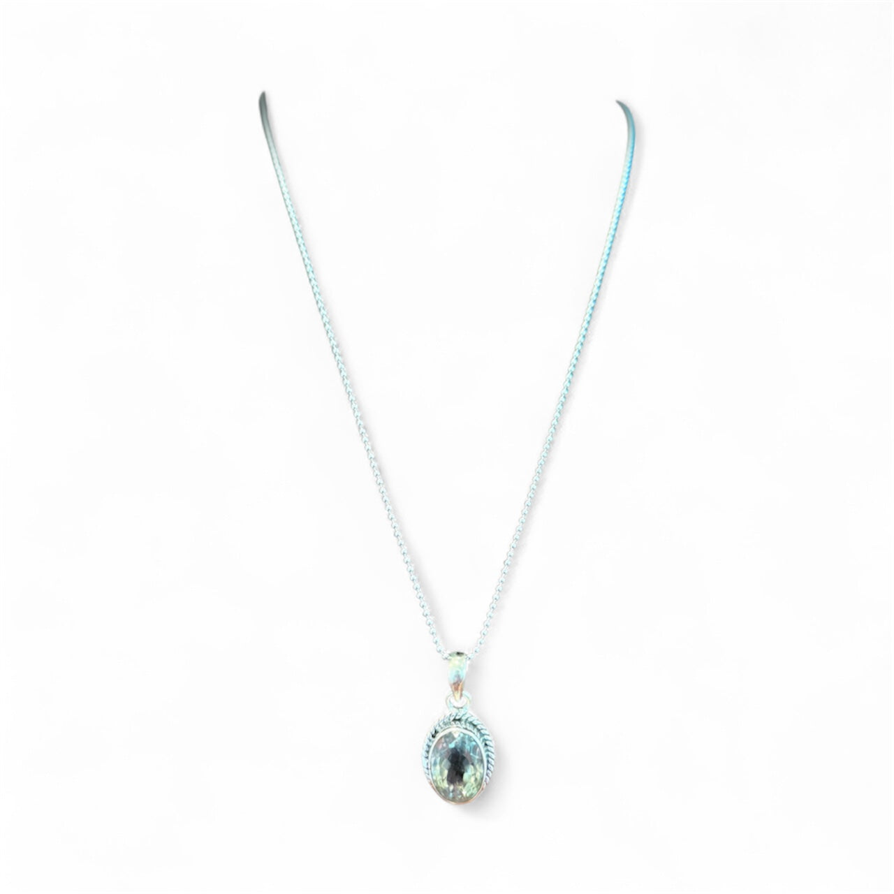 Sterling Silver Green Amethyst Pendant with 18" Ball Chain (Italy)