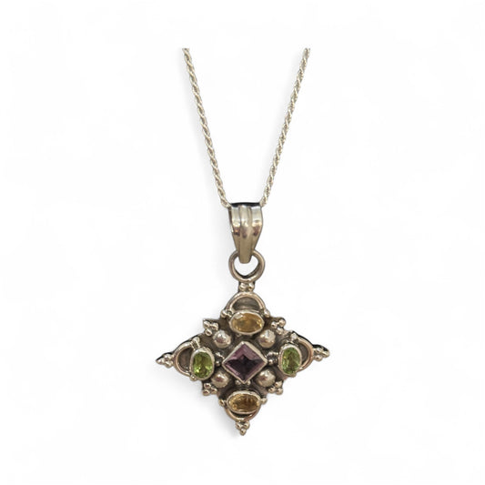 Sterling Silver Citrine, Peridot Amethyst Cross Pendant with 22" Chain