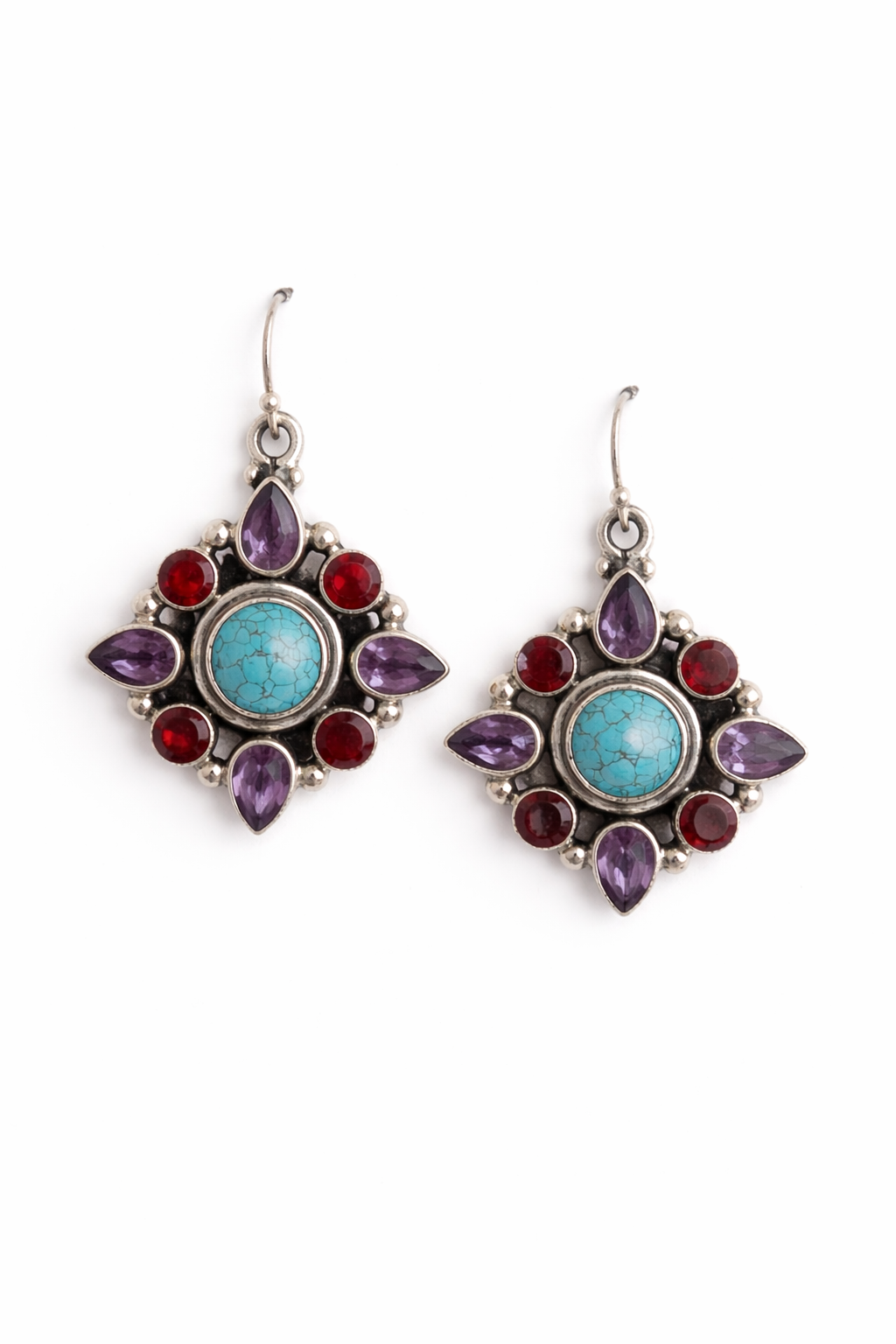 Sterling Silver Amethyst Turquoise And Garnet Dangle Earrings