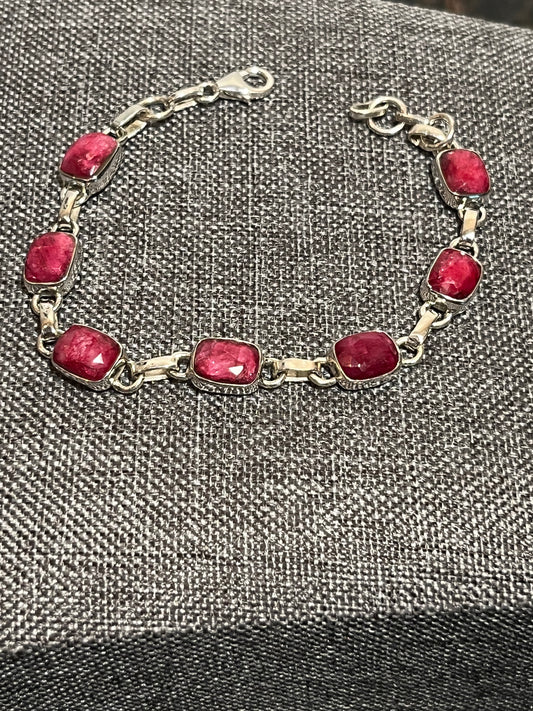 Sterling Silver Tennis Bracelet With Natural Ruby Adjustable