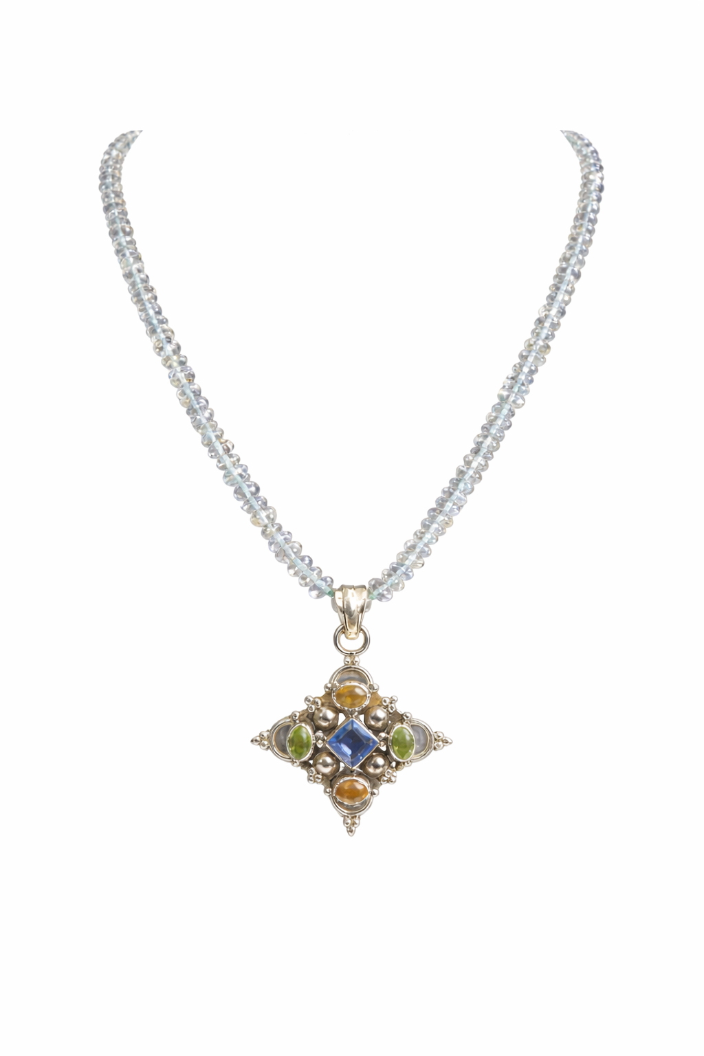 Aquamarine Necklace W/ Citrine, Peridot And Amethyst Cross