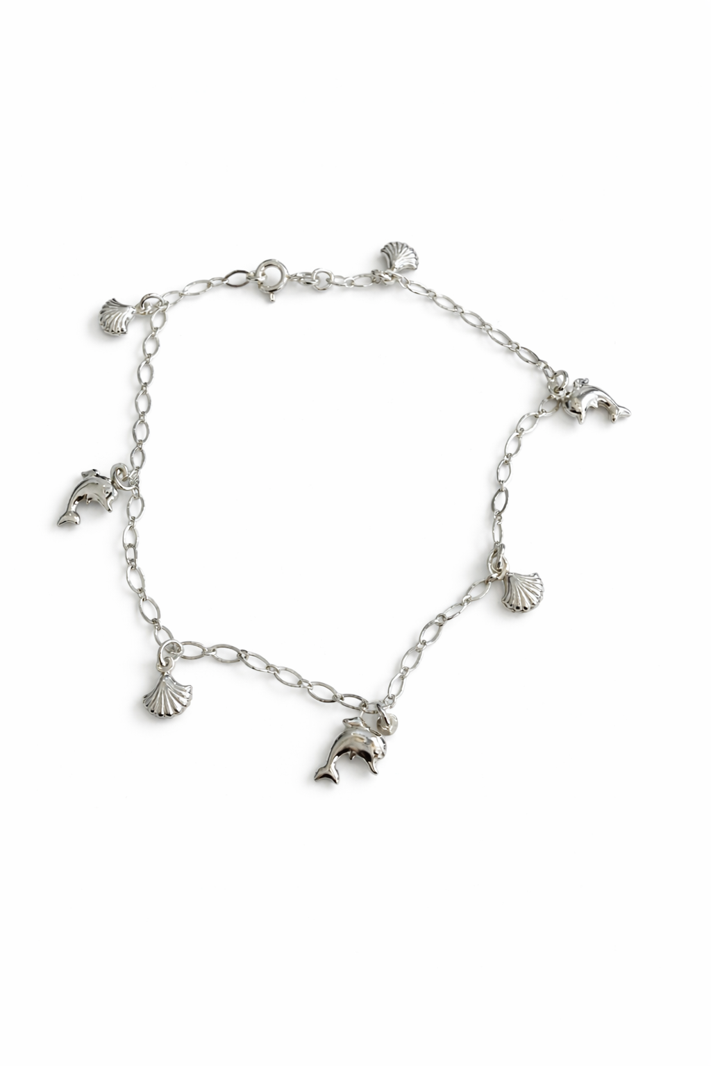 Sterling Silver Dolphin And Shell Bell Anklet