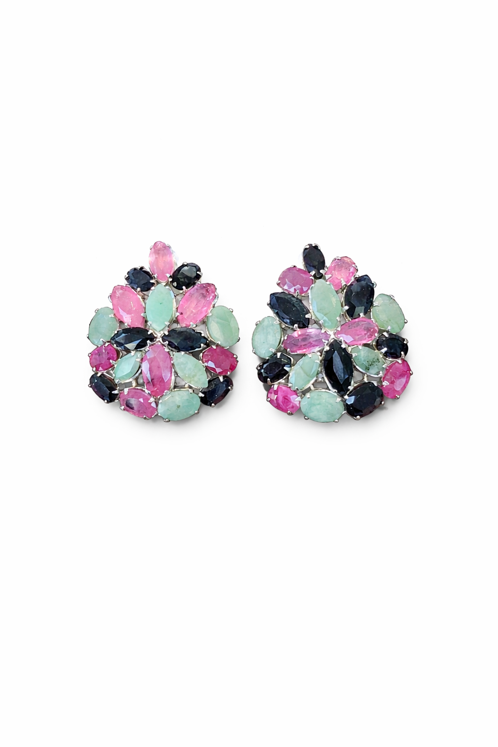 Sterling Silver Emerald, Ruby And Sapphire Earrings