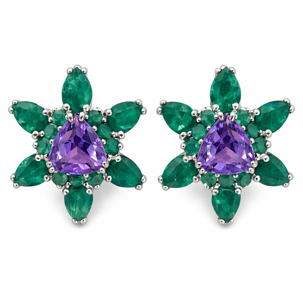 Sterling Silver Emerald And Amethyst Earrings New