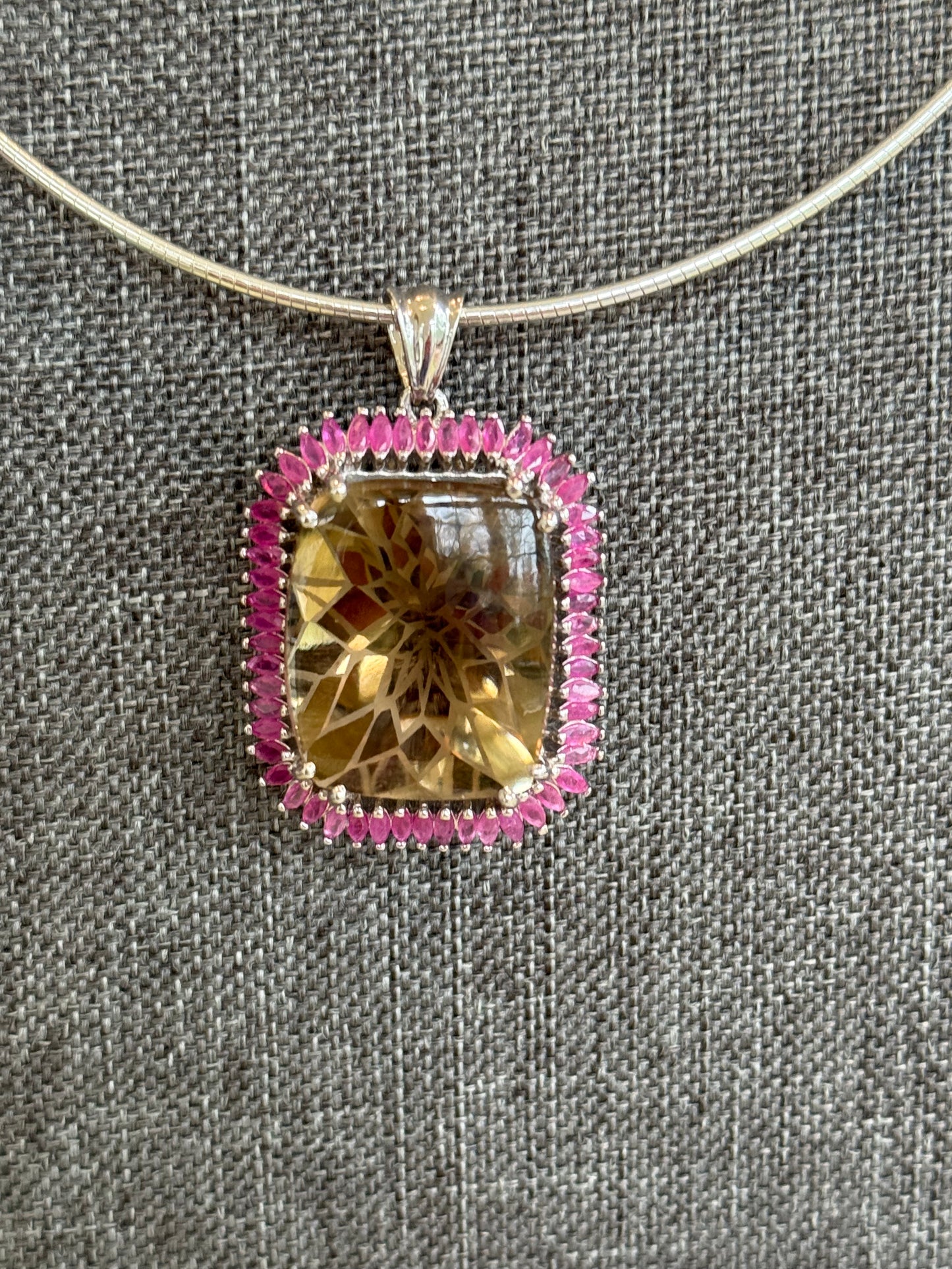 Sterling Silver Carved Smoky Quartz & Ruby Pendant And Torque Chain (Italy)