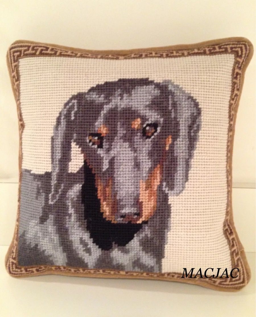 Black Dachshund Dog Needlepoint Pillow 10"x10"