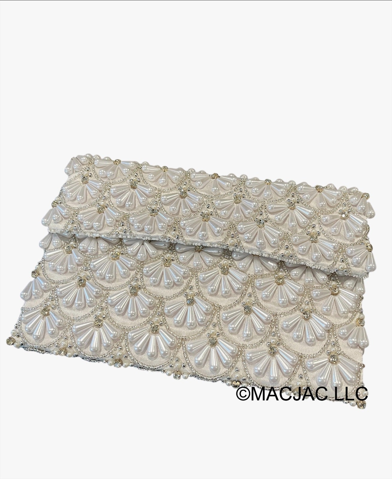 White/Silver Half Flap Beaded Clutch Purse With Rhinestones