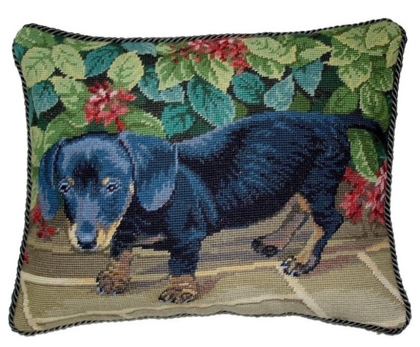 Black Dachshund Needlepoint Pillow 14”x18”