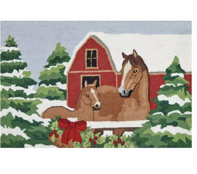 Peking Handicraft Holiday Horse Pair Hooked Wool Rug 2’x3’