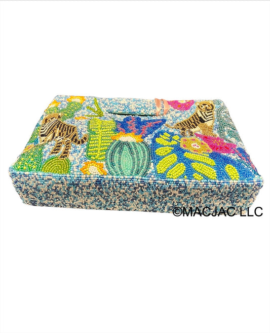 Blue Multi Handmade Beaded Jungle Clutch Purse