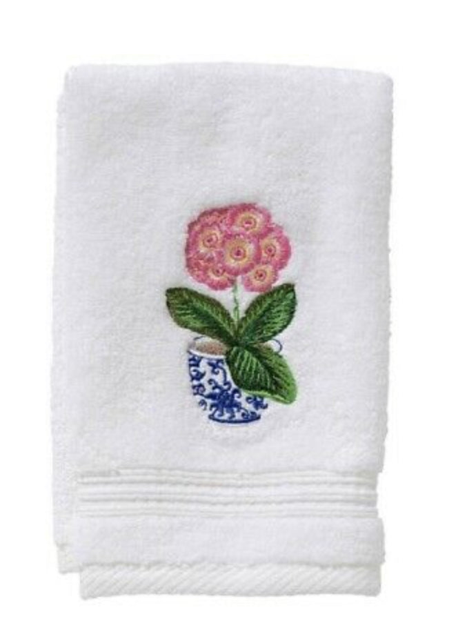 Pink Potted Primrose White Cotton Terry Guest Towel 12”x19”