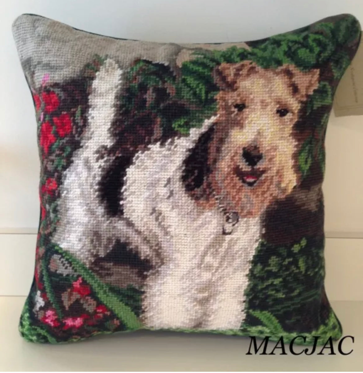 Fox Terrier Dog Needlepoint Pillow 14"x14"