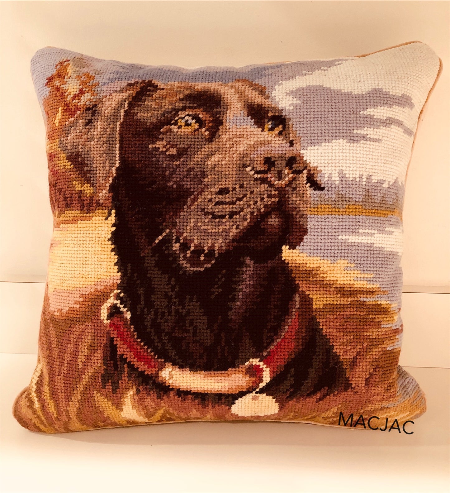 Chocolate Labrador Dog Needlepoint Pillow 14”x14”