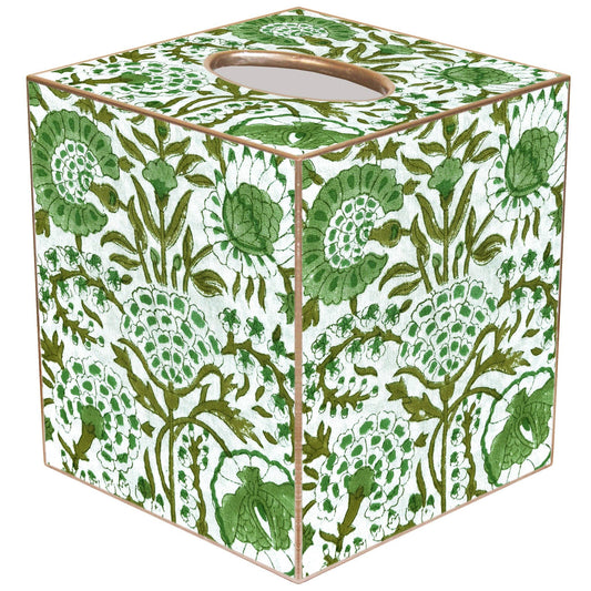 Marye-Kelley Green Floral Block Print Tissue Box Cover