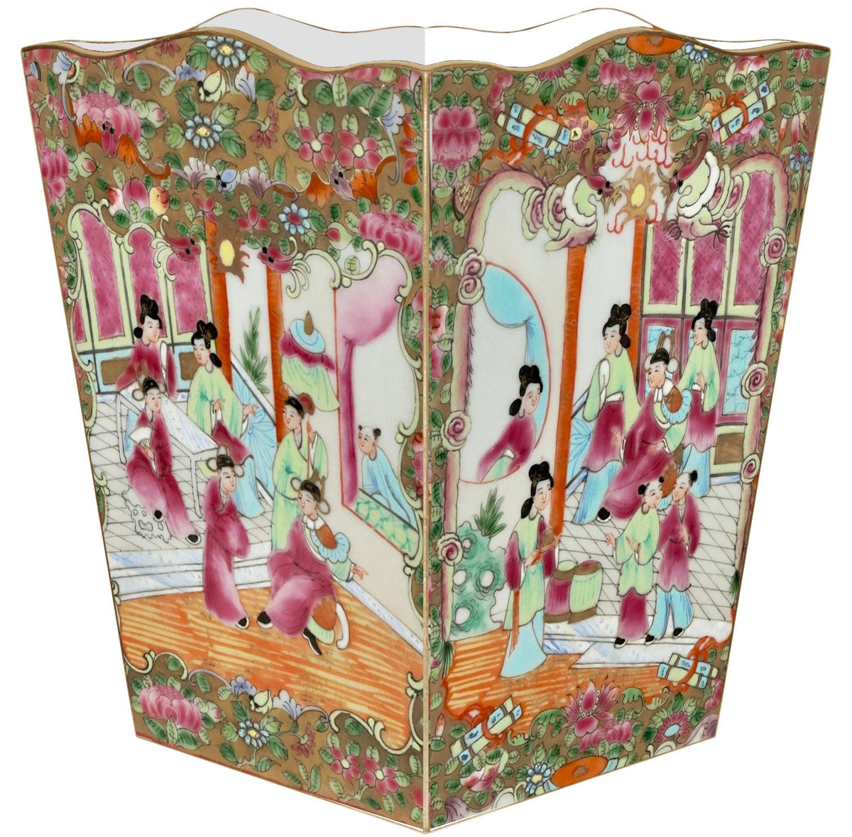 WB6825-Rose Medallion People Wastebasket: Wood Scalloped Top