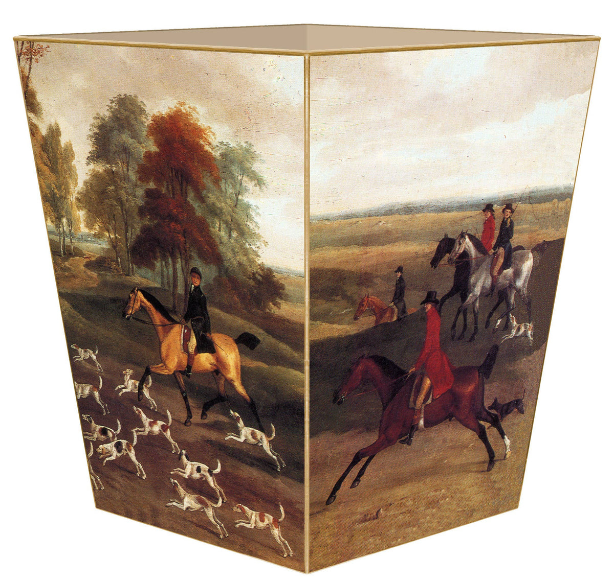 WB227-English Hunt Scene Wastepaper Basket: Wood Scalloped Top