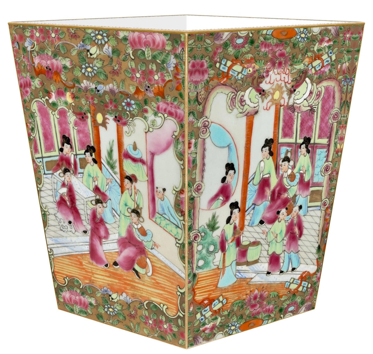 WB6825-Rose Medallion People Wastebasket: Wood Scalloped Top