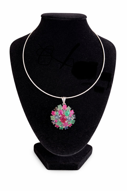Sterling Silver Ruby Emerald Sapphire Pendant And Torque Chain (Italy)