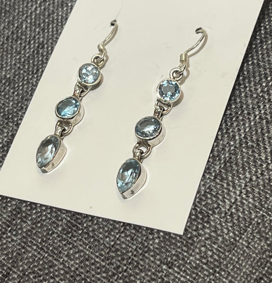 Sterling Silver Triple Blue Topaz Dangle Earrings