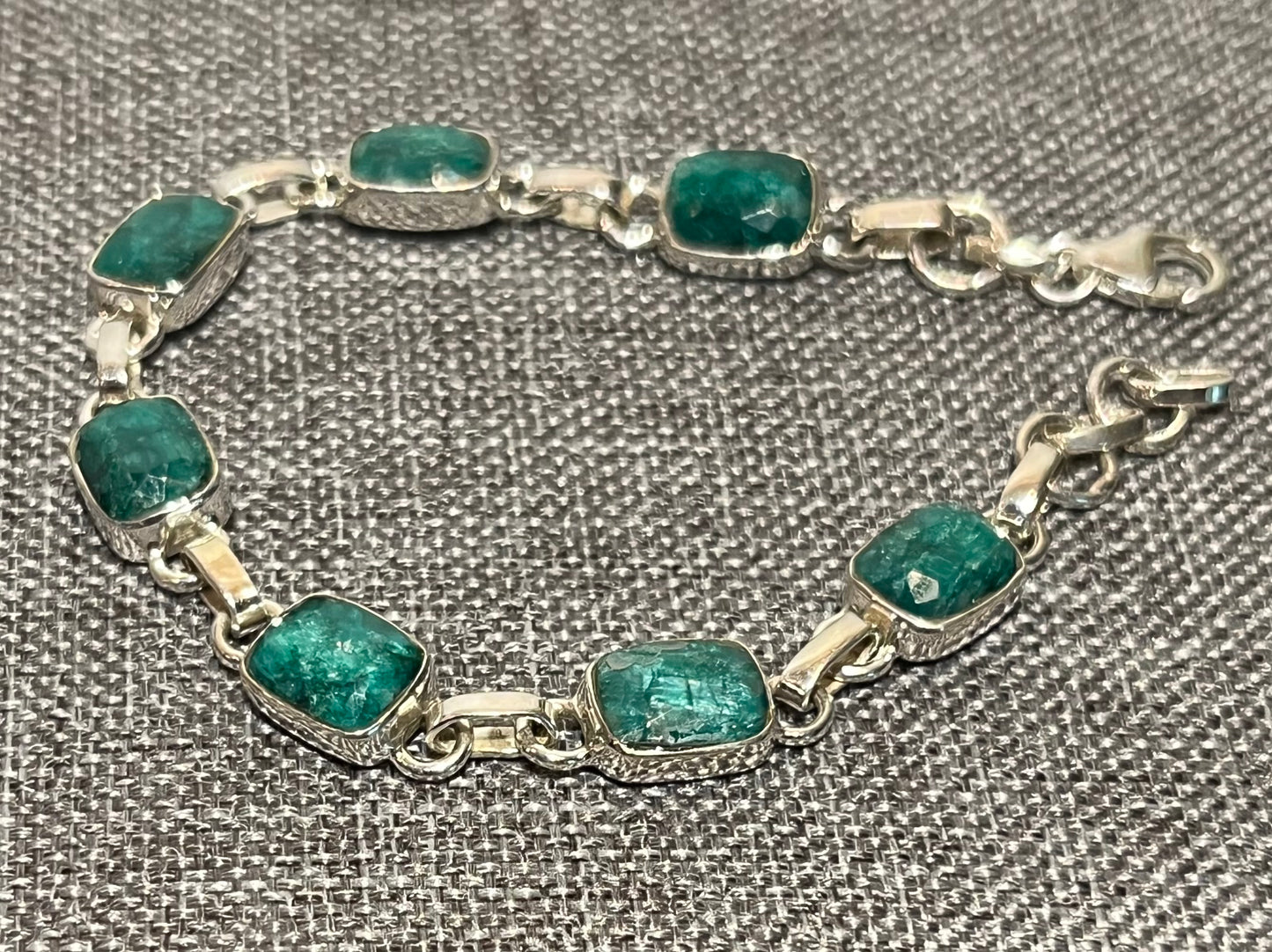 Sterling Silver Tennis Bracelet With Natural Emerald Adjustable
