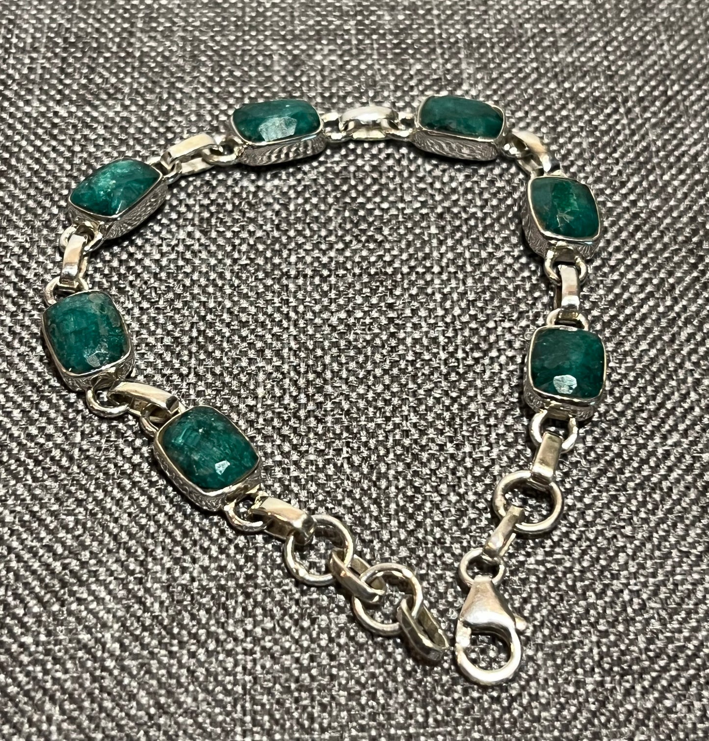 Sterling Silver Tennis Bracelet With Natural Emerald Adjustable