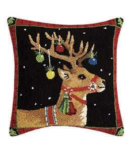 Peking Handicraft Prancer Reindeer Hooked Wool 18"x18" Throw Pillow