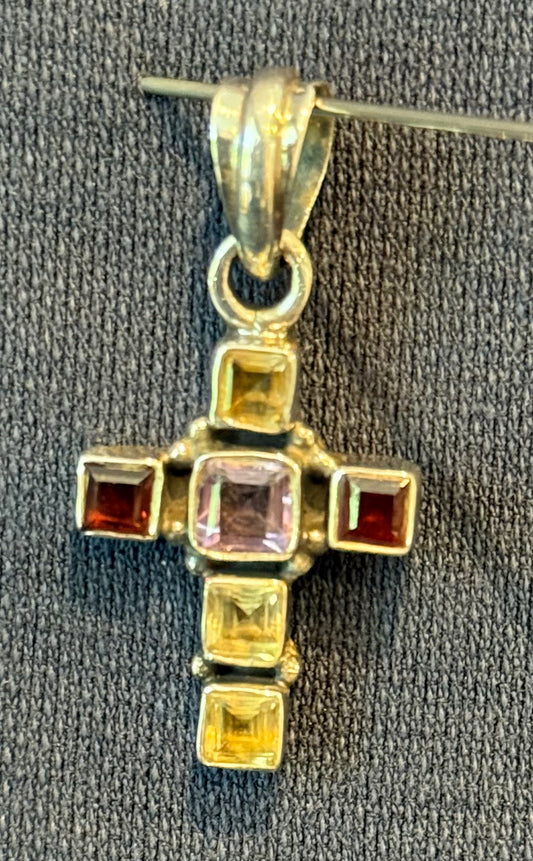 Garnet Amethyst And Citrine Sterling Silver Cross Pendant