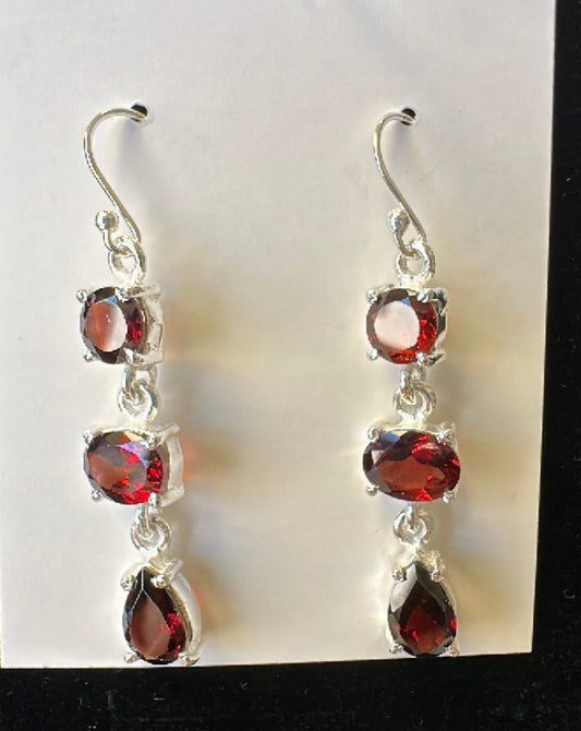 Sterling Silver Triple Garnet Dangle Earrings