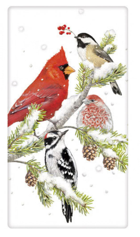 Flour Sack Kitchen Dish Towel Winter Branch Birds Mary Lake - Thompson