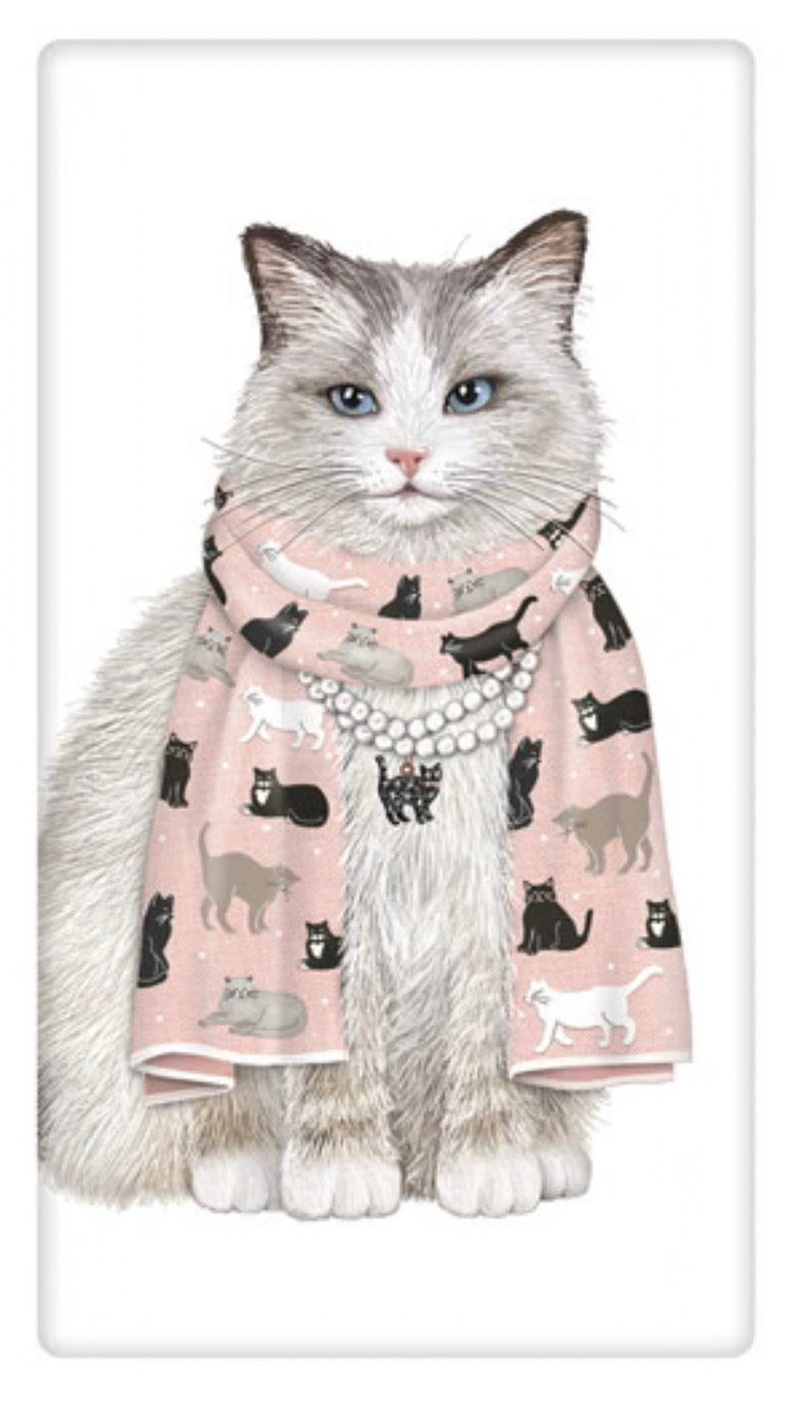 Flour Sack Kitchen Dish Towel Pink Scarf Cat Mary Lake - Thompson