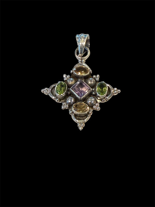 Sterling Silver Citrine, Peridot and Amethyst Cross Pendant