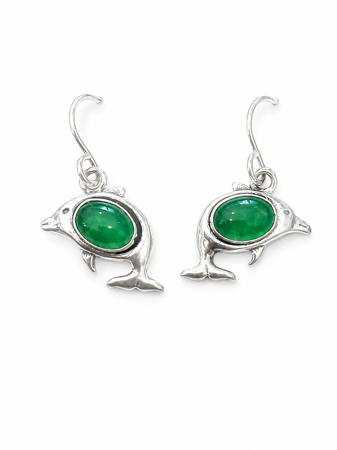 Sterling Silver Green Onyx Dolphin Dangle Earrings