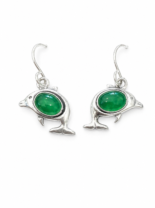 Sterling Silver Green Onyx Dolphin Dangle Earrings