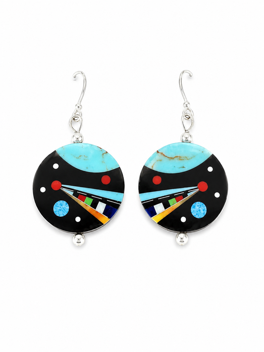 Sterling Silver Southwest Turquoise And Black Onyx Inlay Dangle Earrings