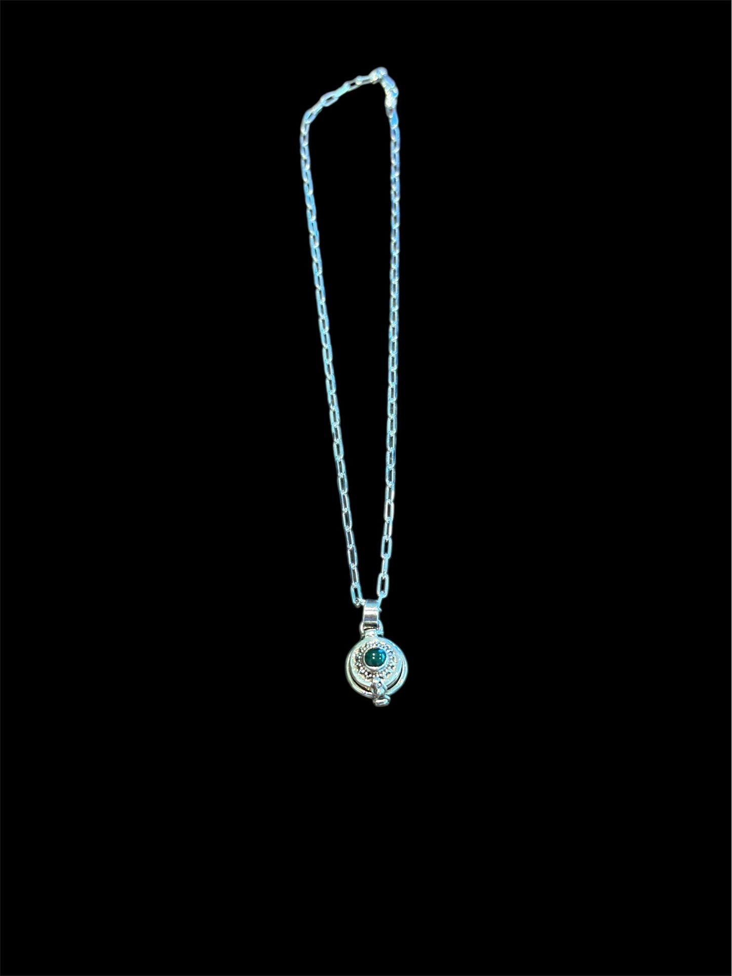 Sterling Silver Malachite Poison Pendant with 16" Paperclip Chain