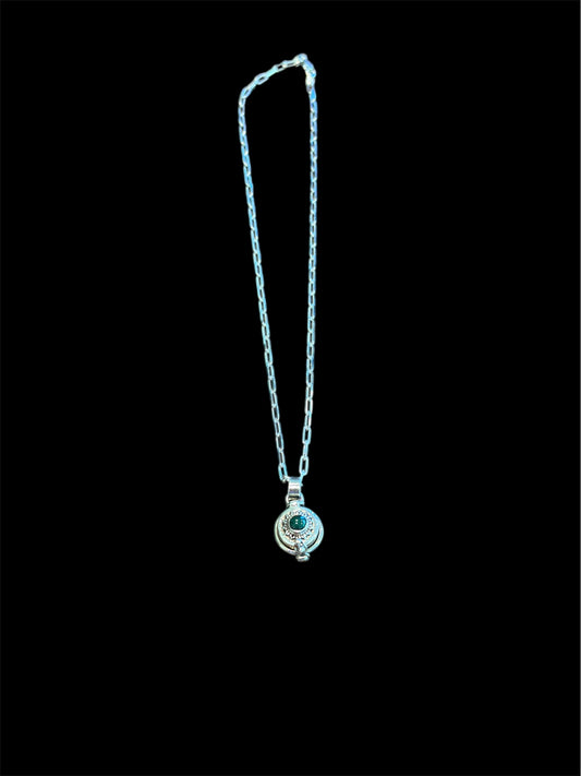 Sterling Silver Malachite Poison Pendant with 16" Paperclip Chain