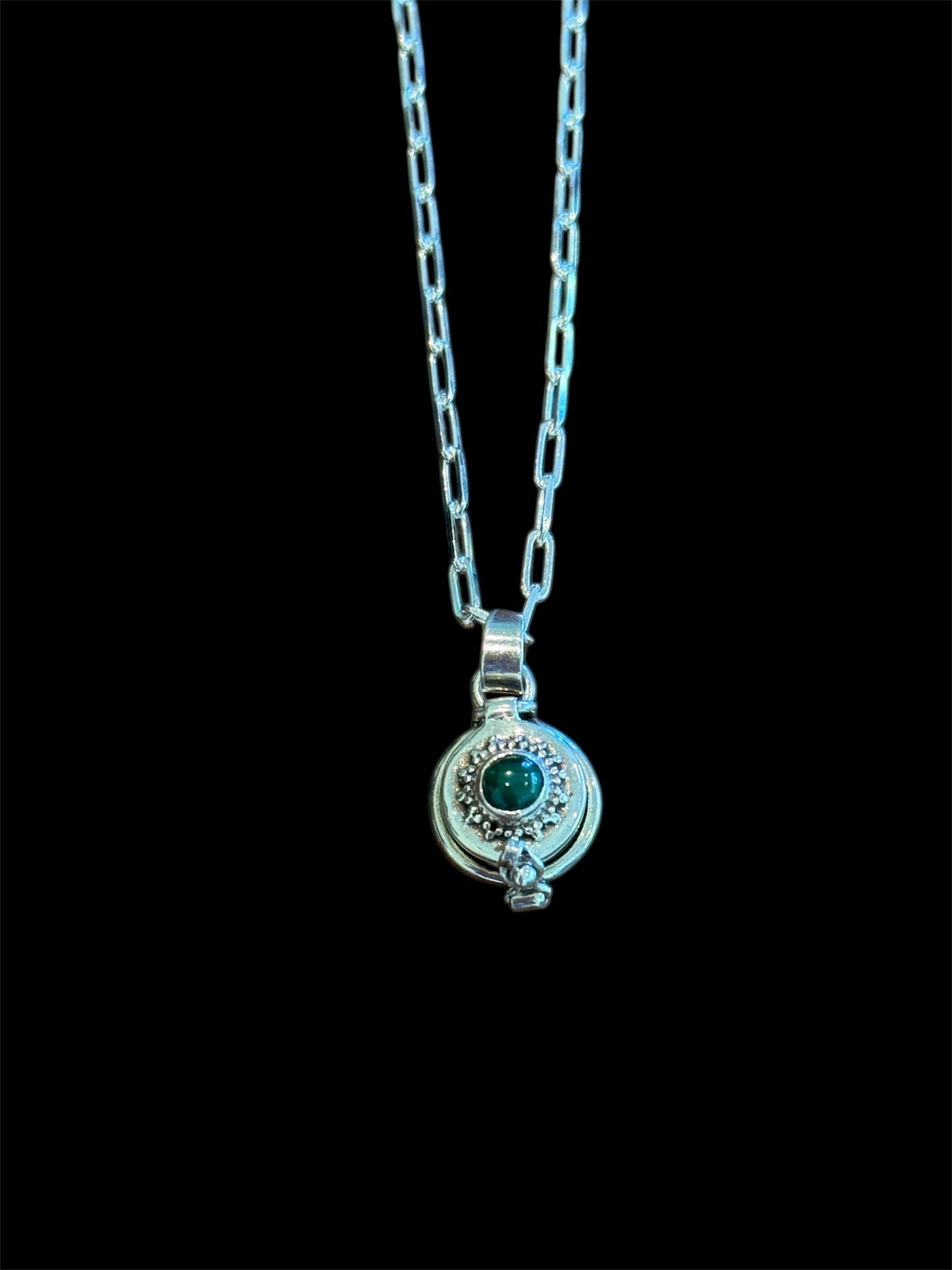 Sterling Silver Malachite Poison Pendant with 16" Paperclip Chain