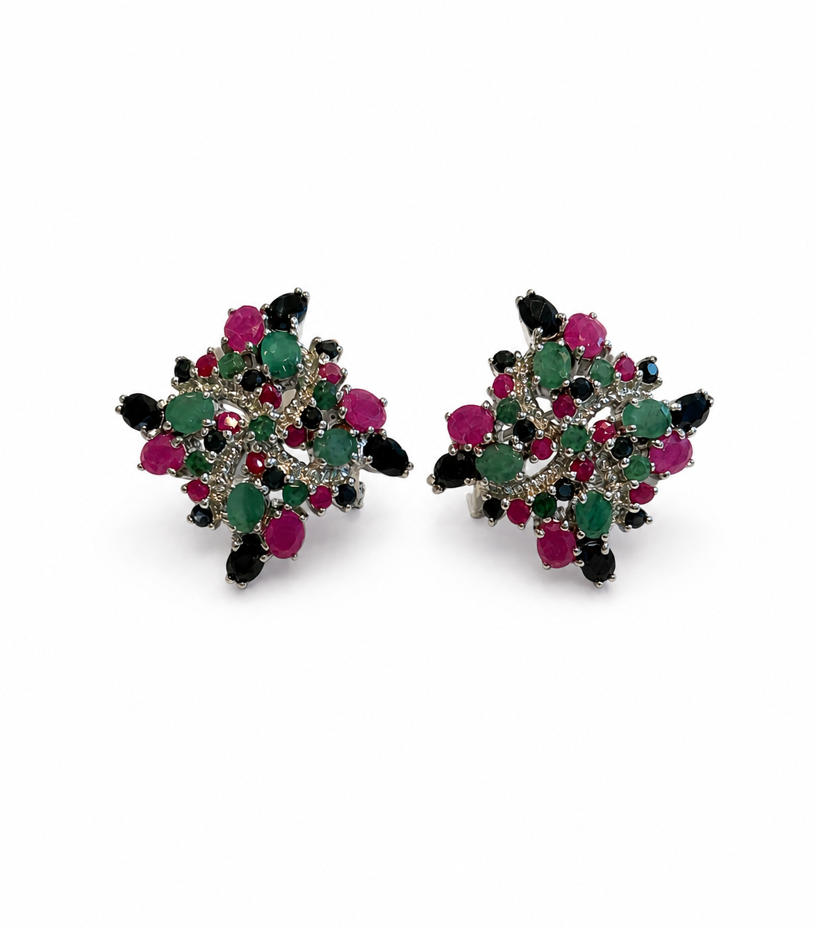 Sterling Silver Ruby, Sapphire Emerald Earrings