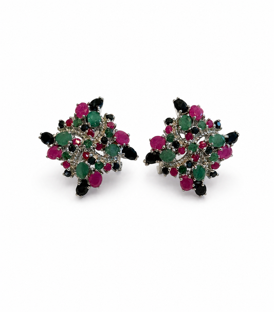 Sterling Silver Ruby, Sapphire Emerald Earrings