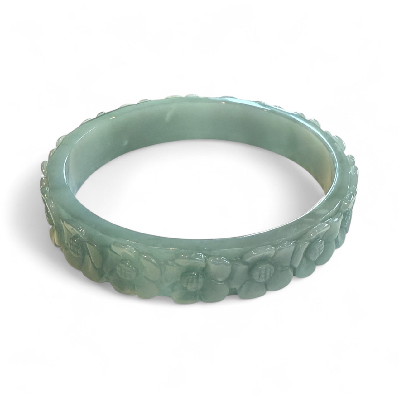 Natural Grade A Blue Water Carved Jadeite Jade Flower Pattern Bangle From Guatemala New